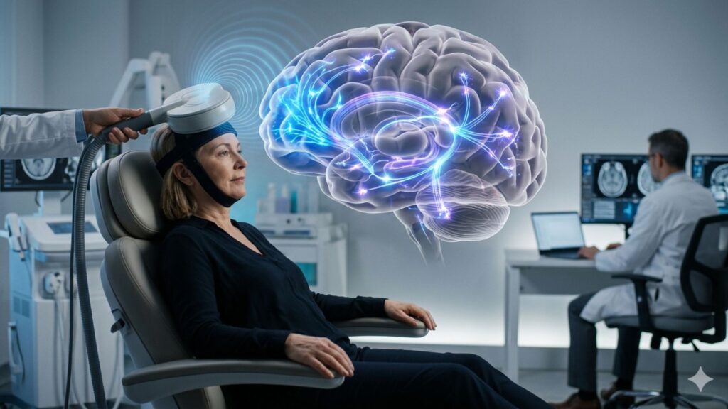 A woman in a medical chair undergoes brain stimulation therapy. A doctor uses a device on her head while a 3D hologram of a brain illustrates neural activity.
