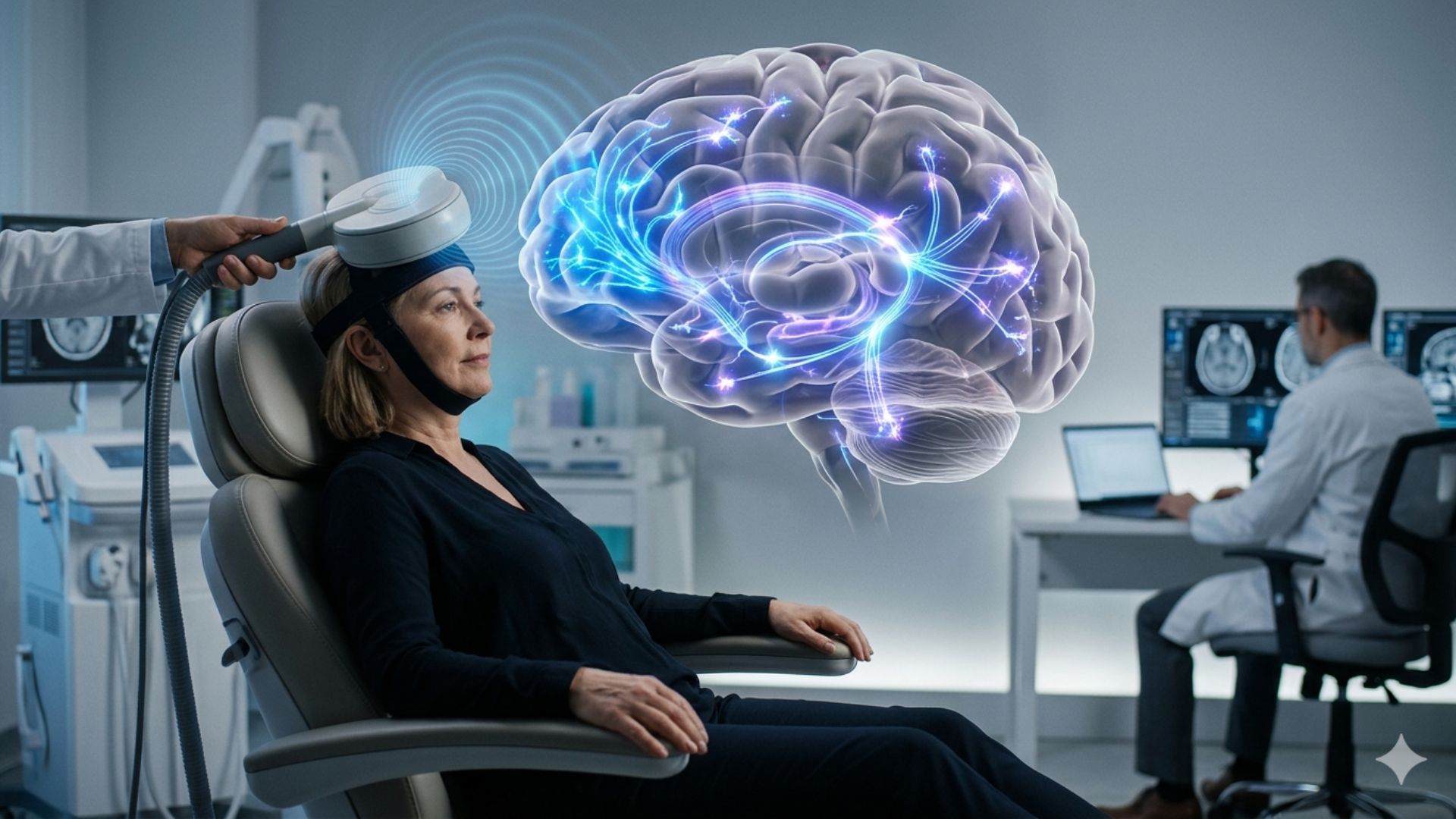 A woman in a medical chair undergoes brain stimulation therapy. A doctor uses a device on her head while a 3D hologram of a brain illustrates neural activity.