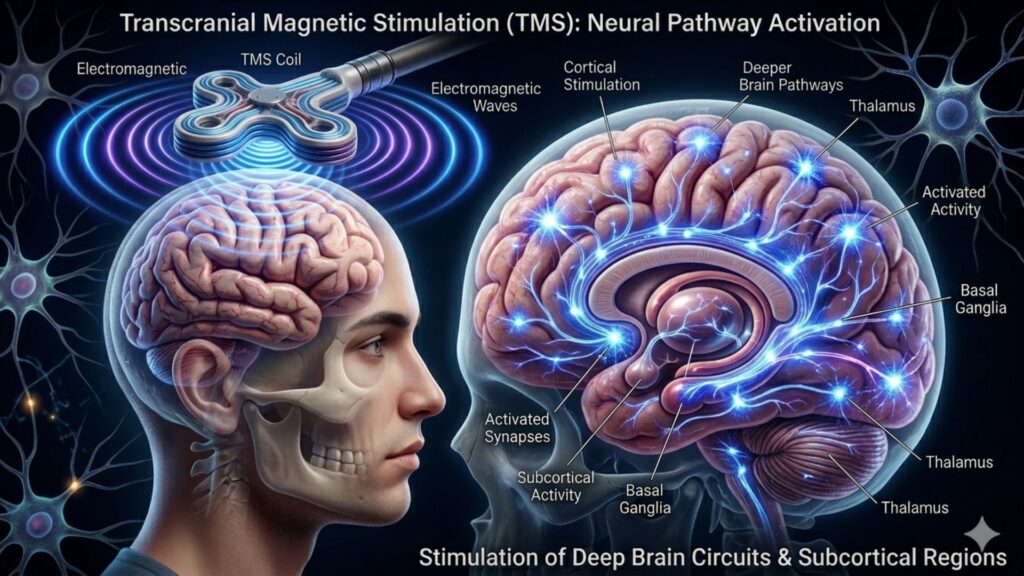 Illustration of Transcranial Magnetic Stimulation (TMS) showing a coil emitting electromagnetic waves to stimulate neural pathways in a detailed side view of a human head, highlighting brain areas like basal ganglia and thalamus.
