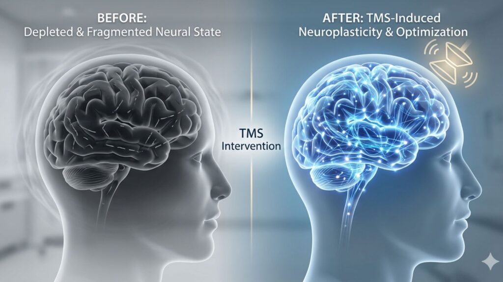 Two side-by-side brain diagrams compare states before and after TMS. The left shows a dull brain labeled "Depleted"; the right shows a glowing brain labeled "Optimized."