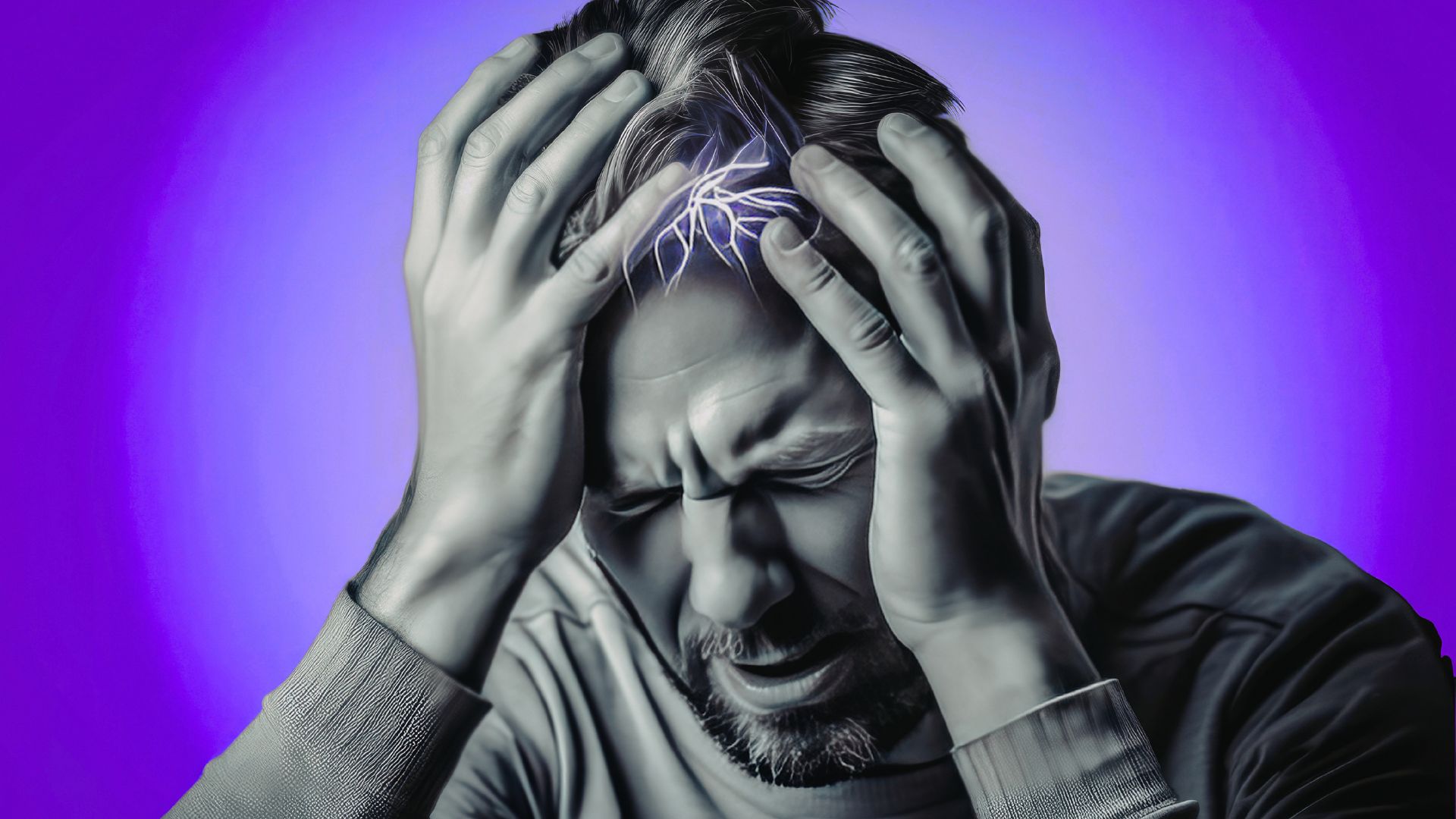 A grayscale image of a man clutching his head in apparent pain against a vibrant purple background. White lines radiate from his head, symbolizing a headache.