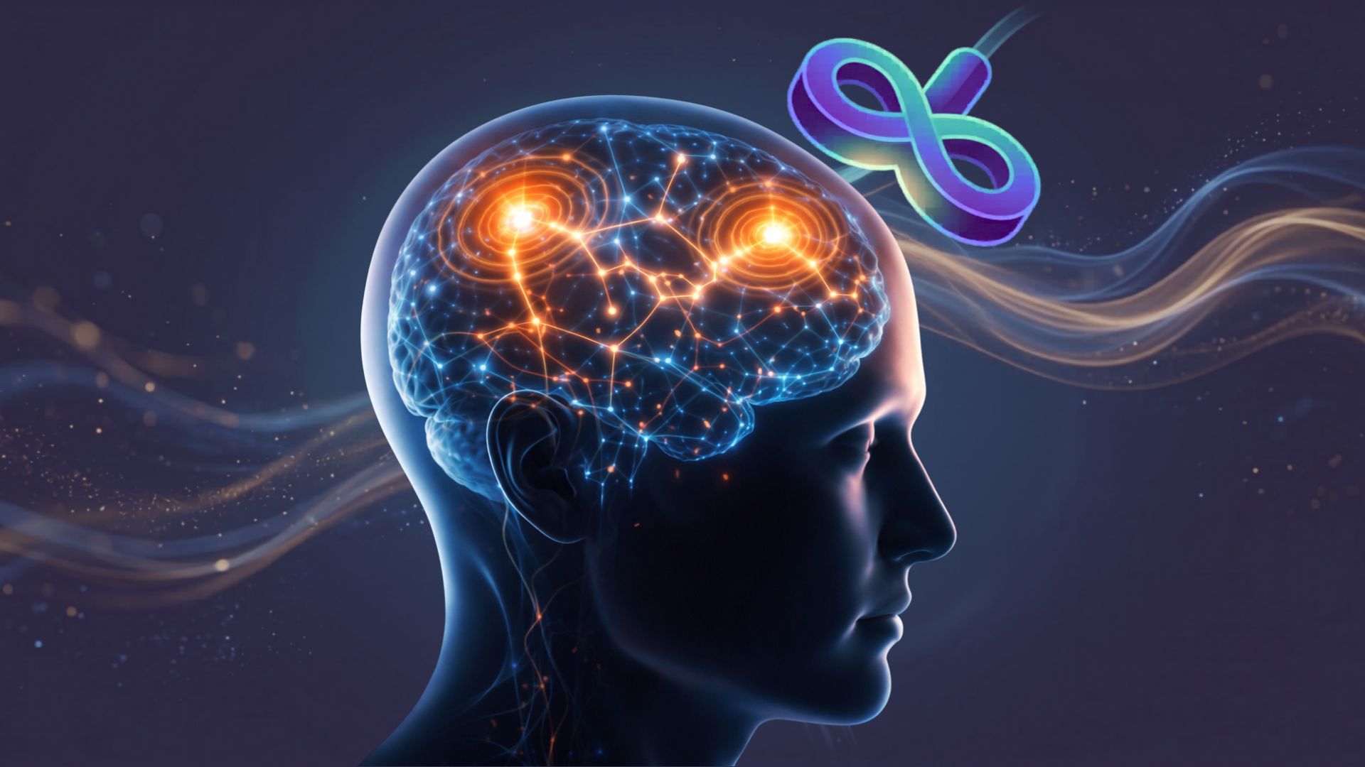 A side profile of a human head with a glowing brain, showcasing neural connections and orange energy nodes. An infinity symbol floats above, suggesting limitless potential.