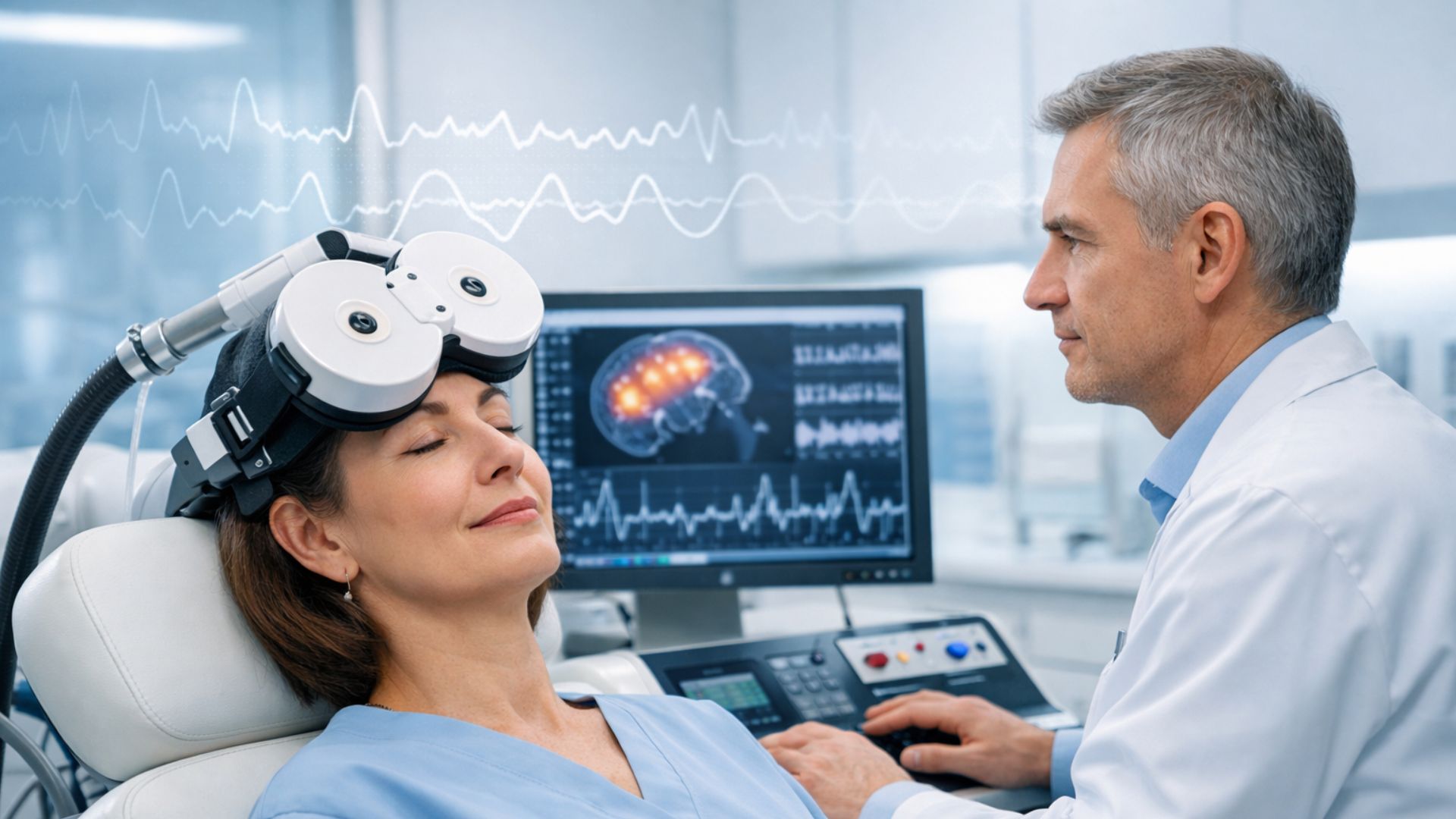 A woman relaxes with closed eyes wearing brain imaging equipment. A doctor observes, analyzing brain activity on monitors, creating a focused atmosphere.