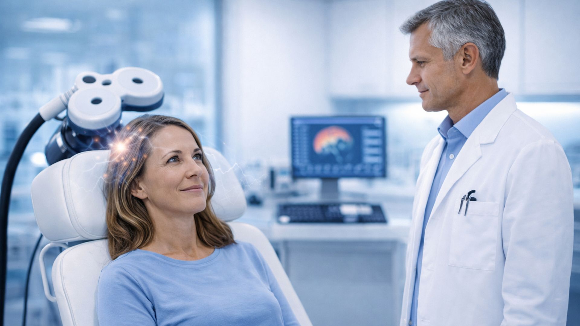 A woman in a medical chair smiles as a doctor in a white coat looks at her. They are in a modern clinic with neurological equipment and a computer.