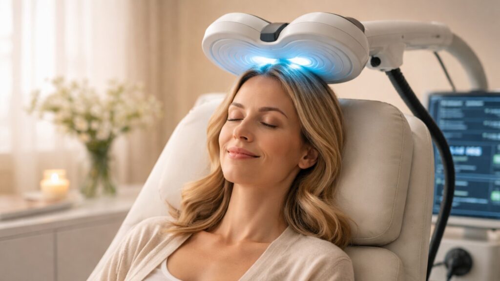 A woman reclines in a comfortable chair with a gentle smile, undergoing a light therapy treatment. The setting is serene, with soft lighting and flowers.